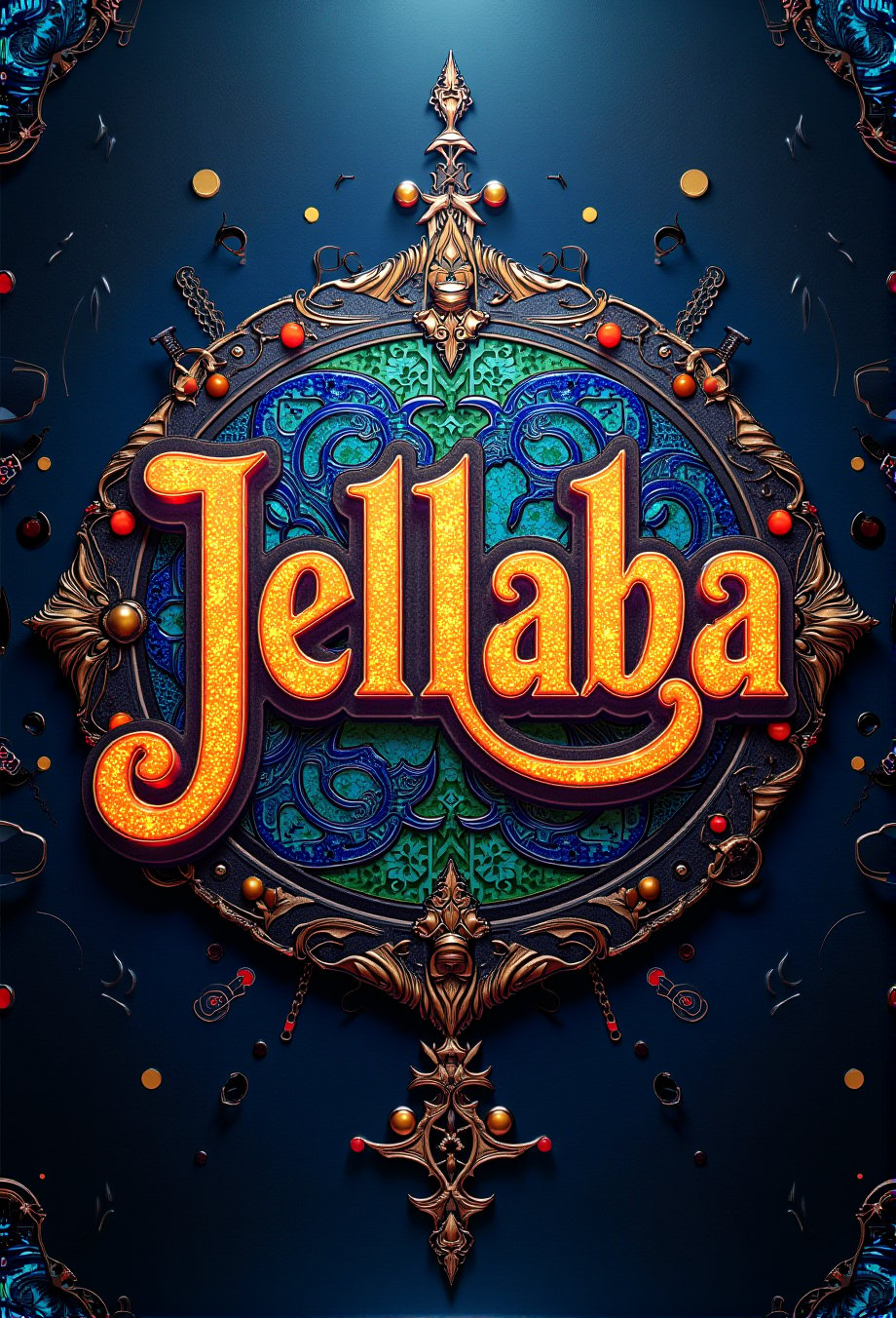 "Jellaba" main TEXT LOGO, 3d text, breathtaking, award-winning, professional, highly detailed, vivid colors, intricate designs, colorful, patterns, intricate, rich colors, mosaic tilework, tinted photo, deep misty valley, glowing, thor steampunk wearing,DRR-JLB