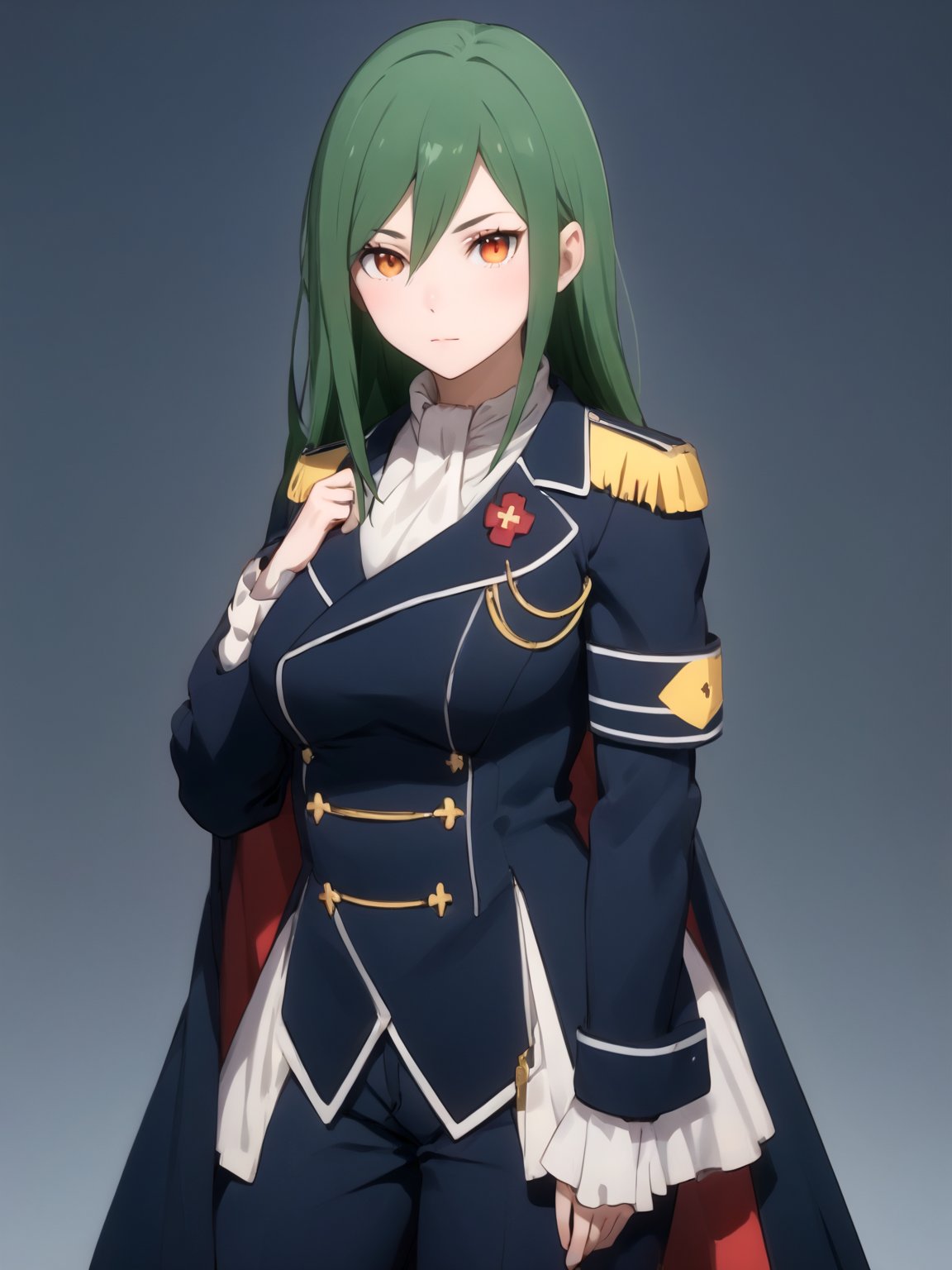 best quality, 8k, 8k UHD, ultra-high resolution, ultra-high definition, highres
,//Character, 
1girl, solo
,//Fashion, 
,//Background, 
,//Others, ,Expressiveh,
crusch karsten, long hair, green hair, orange eyes, military uniform