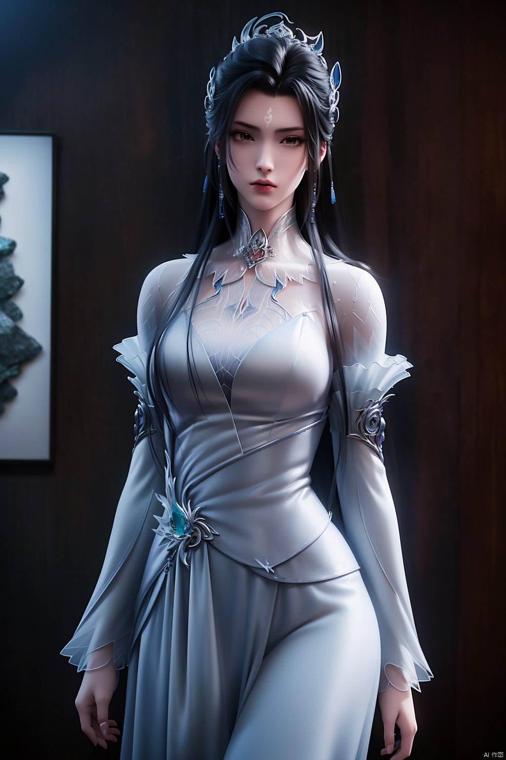  (8k, RAW photo, best quality, masterpiece:1.2), (realistic, photorealistic:1.3), ultra-detailed, extremely detailed cg 8k wallpaper, (crystalstexture skin:1.2), extremely delicate and beautiful,1girl,Facial markers, forehead markers,long hair,hair ornament,chinese clothes,dress,looking at viewer,cowboy shot,