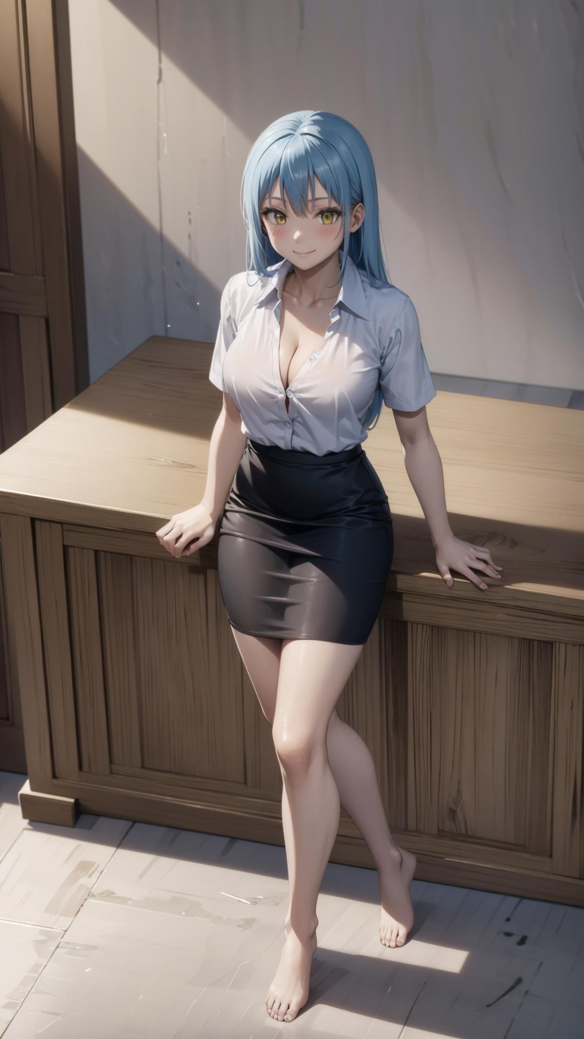 (masterpiece, best quality),ray tracing,absurdres, HDR,rimuru tempest, asexual, , solo, blue hair, yellow eyes,long hair,,   , skirt,  , shirt,  (white shirt,:1.2)  ,   pencil skirt, cleavage, black skirt,   office lady, , short sleeves,barefoot,  , alternate costume, collared shirt, feet, 1girl, breasts,smile, blush, indoors, standing,thighs,sitting,crossed ankles<lora:rimuru 2in1_m+a:0.7>  <lora:crossed ankles_v2:1>