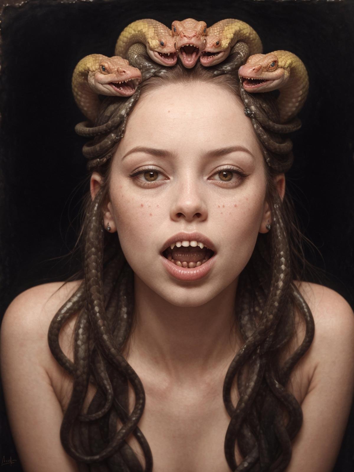 a woman with his mouth closed,  instead of hair,  10 small individual snakes come out of their heads with their heads open...