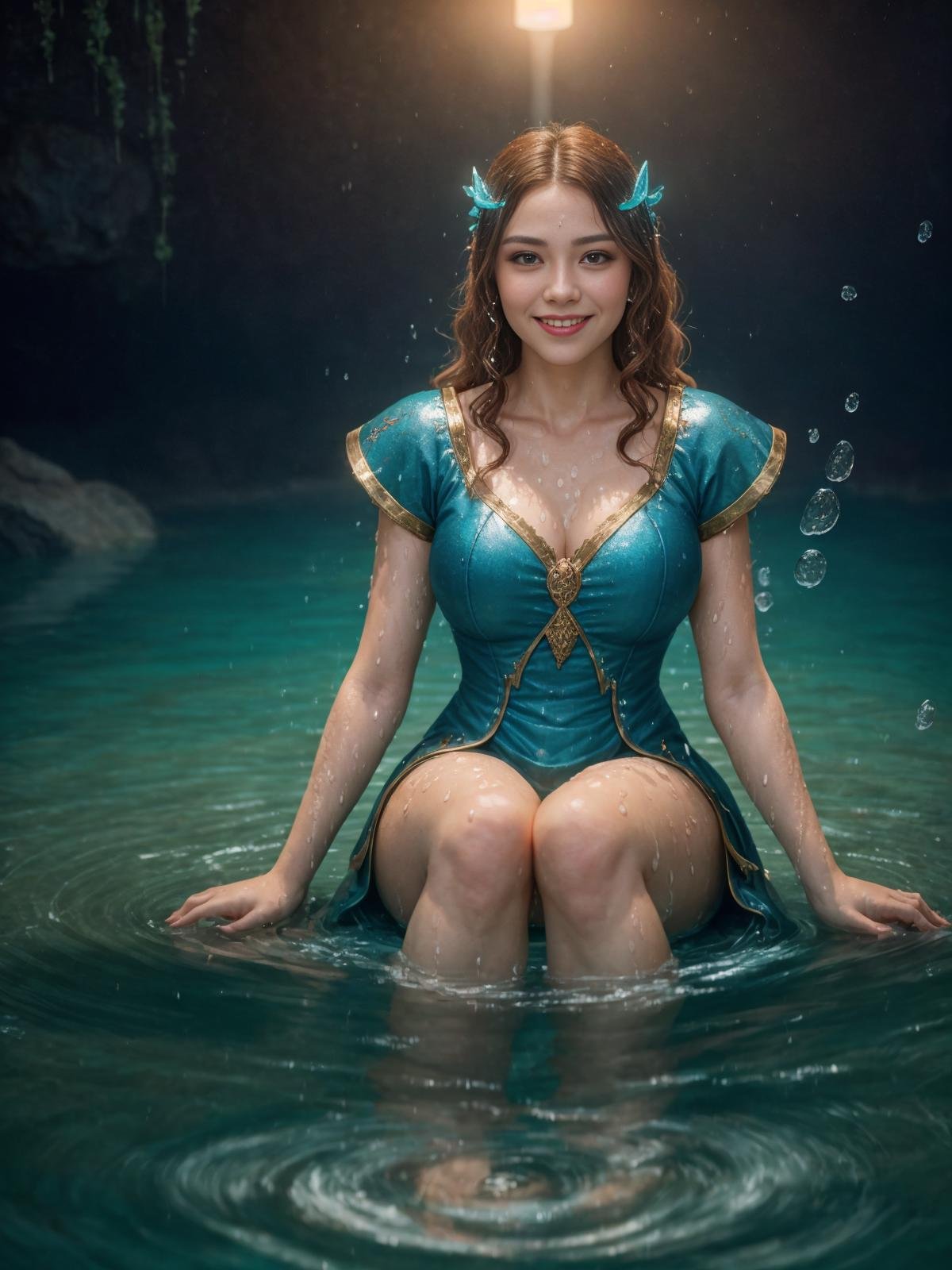 a girl 29 yo fanny sitting smile ,  ((fantasy style)) ,  water sorcerer by enemyXD on Tensor.Art