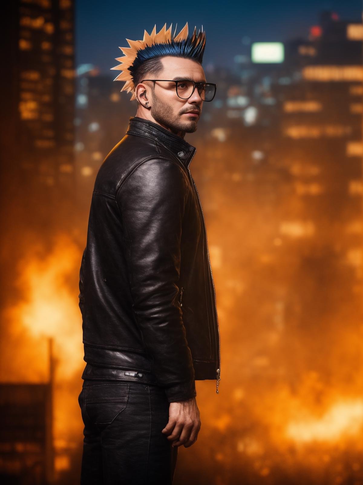 a man wearing black glasses cyber punk,  punk brown hair mohawk ,  tatoo by enemyXD on Tensor.Art