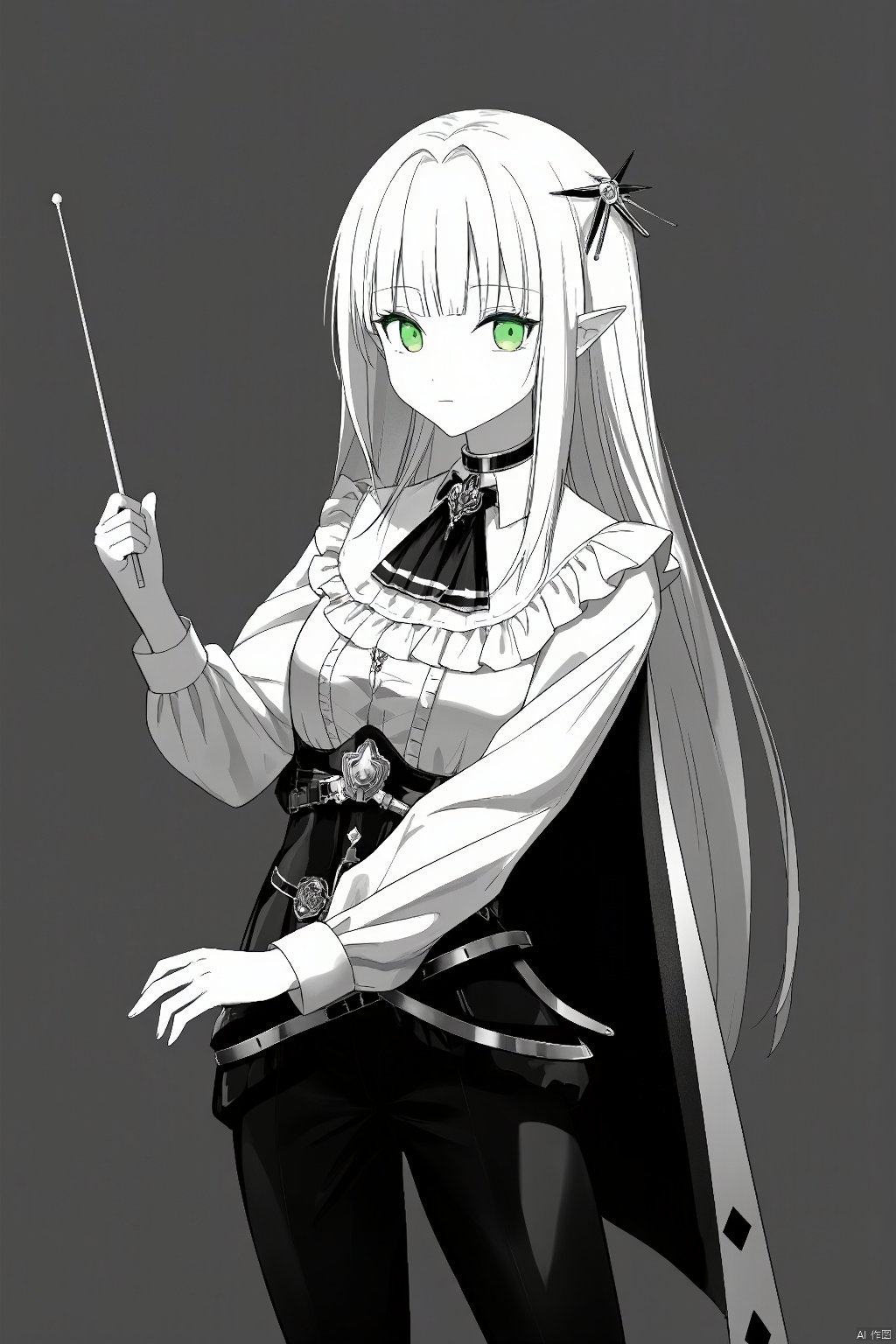 1girl, solo, long hair, breasts, looking at viewer, bangs, shirt, long sleeves, holding, jewelry, medium breasts, closed mouth, green eyes, standing, monochrome, white shirt, white hair, pantyhose, cowboy shot, frills, pointy ears, puffy sleeves, belt, pants, cape, ascot, black pants, brooch, elf, spot color, center frills, baton \(conducting\),anime