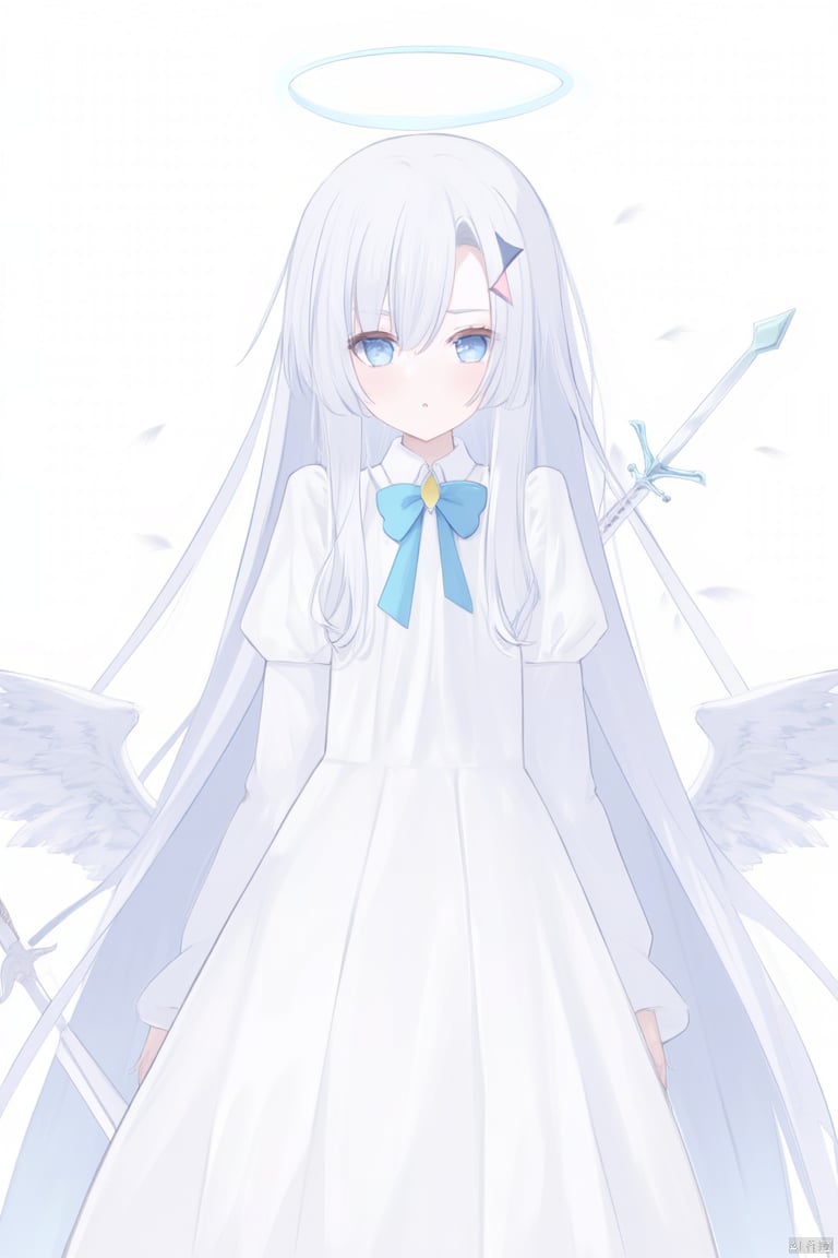 1girl, solo, long hair, breasts, looking at viewer, bangs, blue eyes, hair ornament, long sleeves, dress, bow, hair between eyes, very long hair, standing, weapon, white hair, cowboy shot, parted lips, wings, puffy sleeves, sword, bowtie, white dress, halo, blue bow, hair intakes, feathers, feathered wings, angel wings, white wings, weapon on back,anime