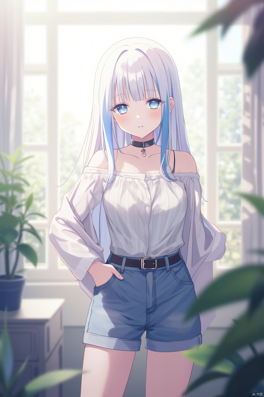 masterpiece,best quality,indoors, plant, window blinds,french window, depth of field,
1girl,solo,chibi,
blue eyes,white hair,blue streaked hair,long hair,blunt bangs,flat chest,bags under eyes,
open jacket,off shoulder shirt,denim shorts,belt,choker,
cowboy shot,expressionless,(jitome),hand on hip, looking at viewer,pov,onnk