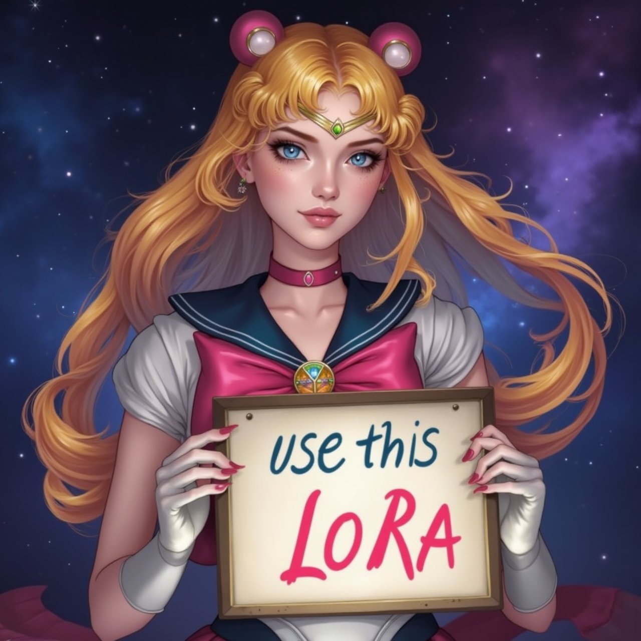 A beautiful woman with a beautiful pose, Styled like sailormoon, looking at the camera, Holding a sign that says "use this LoRA", The background is a very beautiful galaxy., Sailormoon 