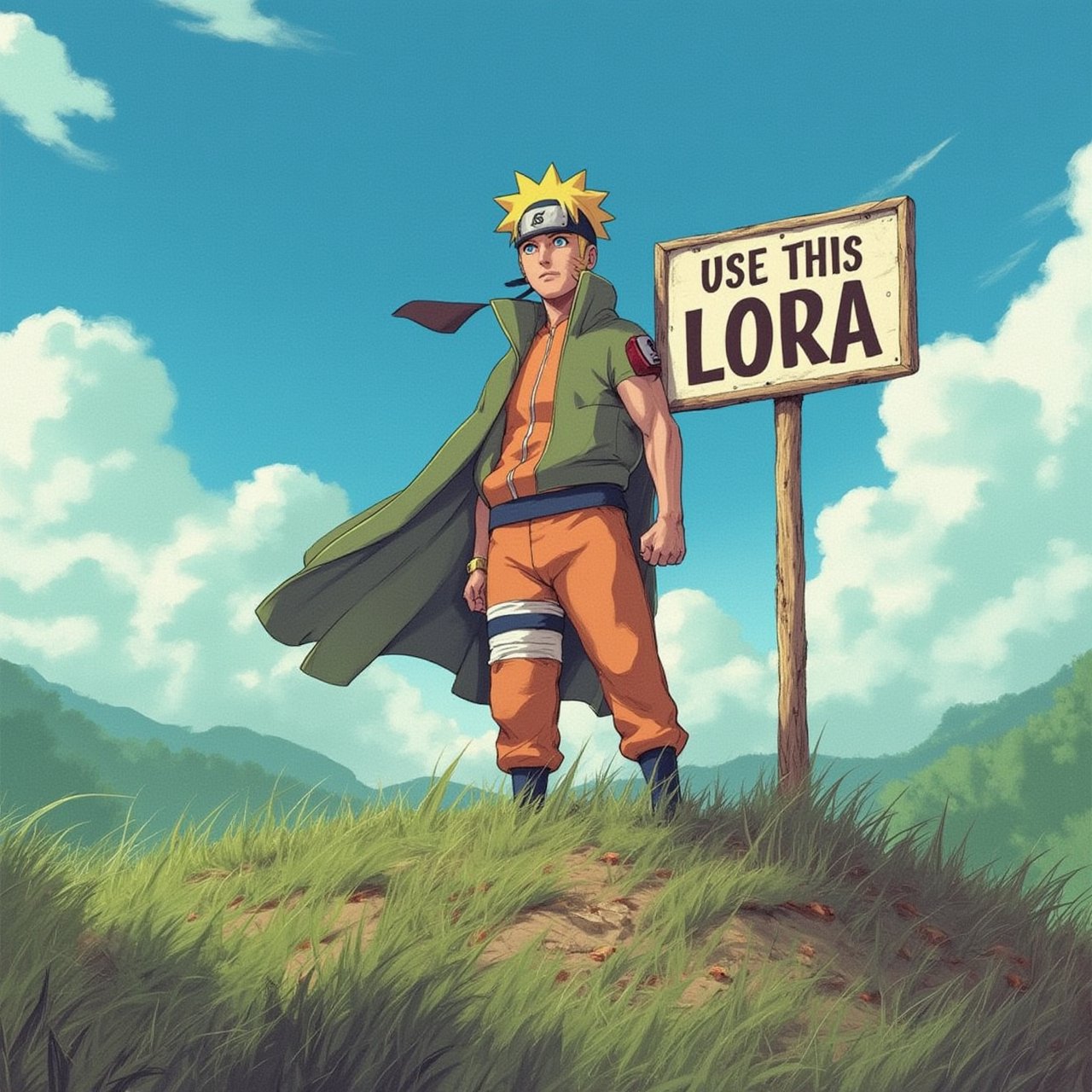 Portrait of Handsome man, standing on a hill holding a sign that says "use this LoRA",Naruto