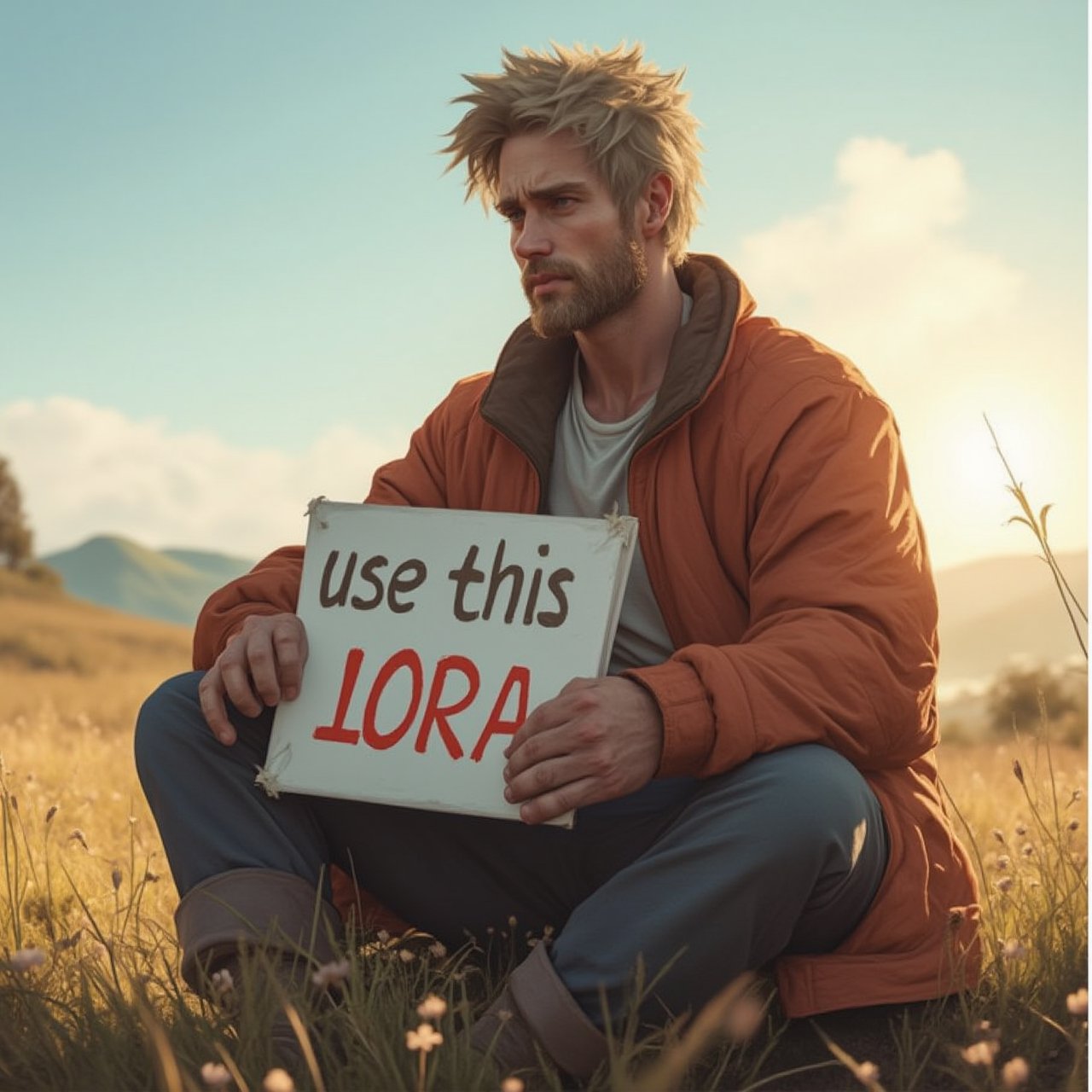 Portrait of Handsome man, sitting on a hill While holding sign that says "use this LoRA",Naruto