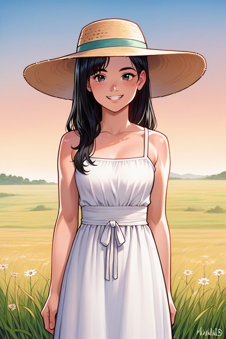 score_9, score_8_up, score_7_up, rating_safe, hi res, high quality, traditional_art, outdoors, plains, sunset, 1girl, black hair, teenage, white summer dress, summer hat, standing, posing, faint smile, looking at viewer, face focus:1.2