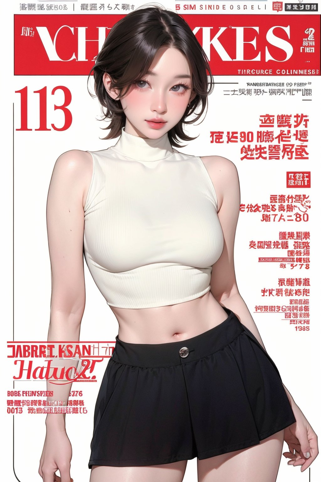 1girl, thigh up body, looking at viewer, styled clothes, turtle neck croptop, sleeveless, sharp focus, magazine cover, coloful background, 2D artstyle, outline, 

chimai,hine,hakil,yuong01,johyun,sim,haohaoulz,kn,htt