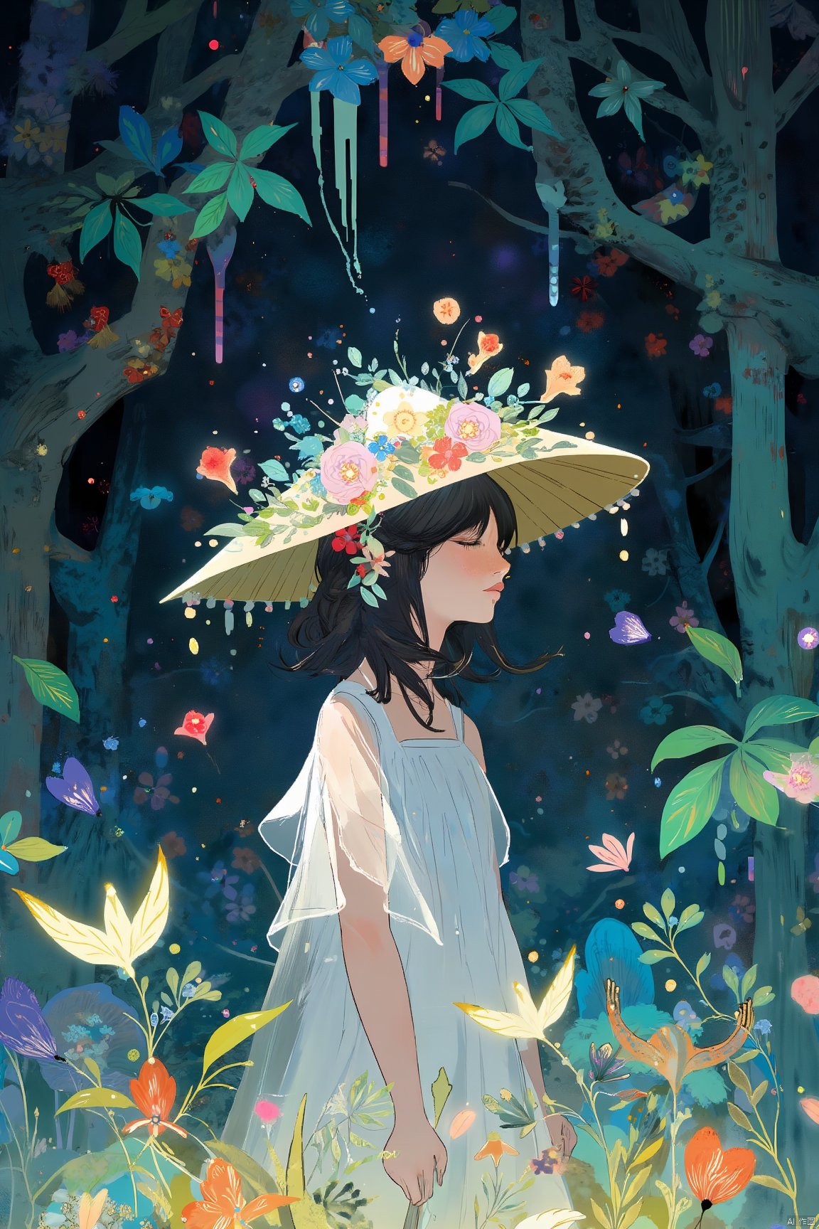 ash,A woman wearing a white dress and a floral hat in her hair is surrounded by a mysterious deep forest full of energy and color