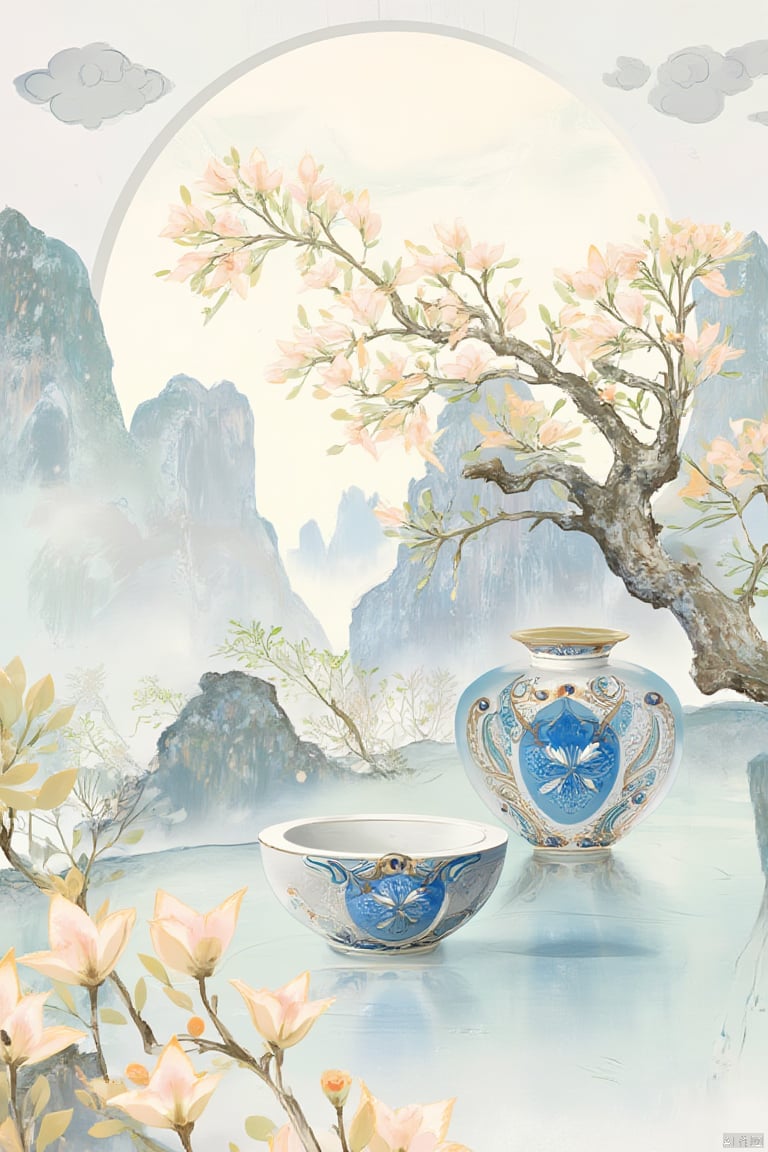 Under the blend of romantic watercolor style and traditional Chinese poetic aesthetics, he painted a ash,dreamlike watercolor illustration of China Tide porcelain. In the picture, an exquisite porcelain is placed in a dreamlike watercolor world against a background of misty mountains, clouds and flowers. The porcelain is painted with corresponding patterns, creating an overall atmosphere of poetic dwelling. Through the use of soft and dreamy colors of watercolor, the audience can feel the poetry and beauty of traditional culture in appreciation