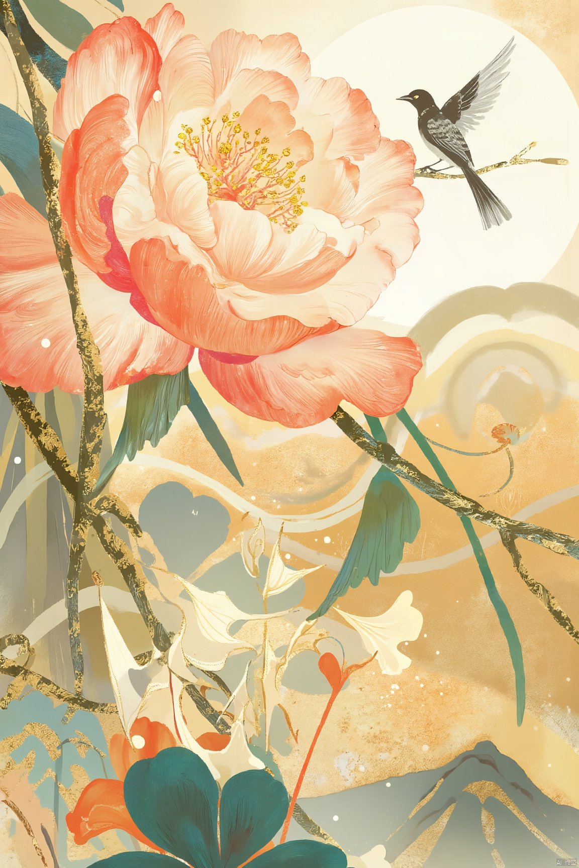 A mysterious desert, the golden sand dunes shimmer ash,chinese painting style, chinese painting style,A watercolor painting capturing the delicate gradation of a peony in full bloom, transition from vibrant plum-colored petal edges to the pure white center, alongside a magpie perched on a branch with iridescent feathers catching the light, contrasted against the symbol of luck, a four-leaf clover nestled in the foreground with soft shadows playing over its lush green contours, dramatic lighting, ultra fine detail, golden ratio composition.