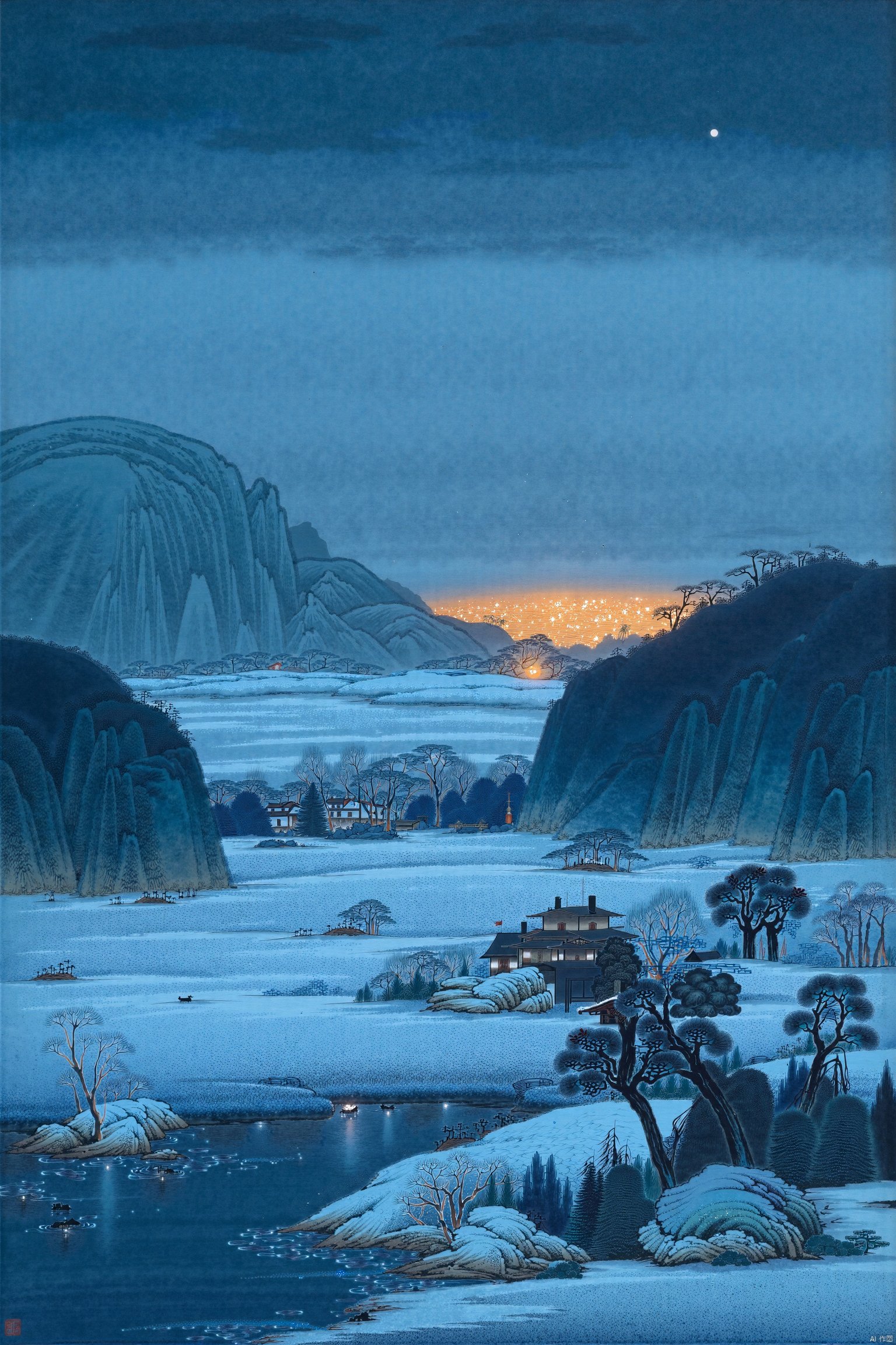 masterpiece, best quality, Chinese style countryside, snow covered fields, distant villages shimmering with a faint light, late night scenery, blue snow, orange shimmer