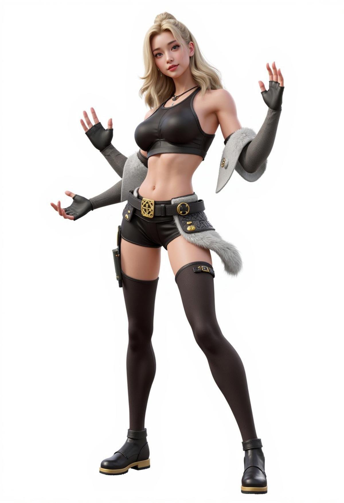 Cute female assault team member, dance moves, white background,3d game character