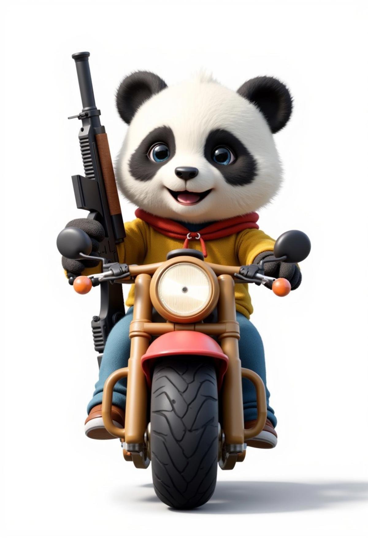 Cute panda person holding AK47, riding motorcycle, white background,3d game character