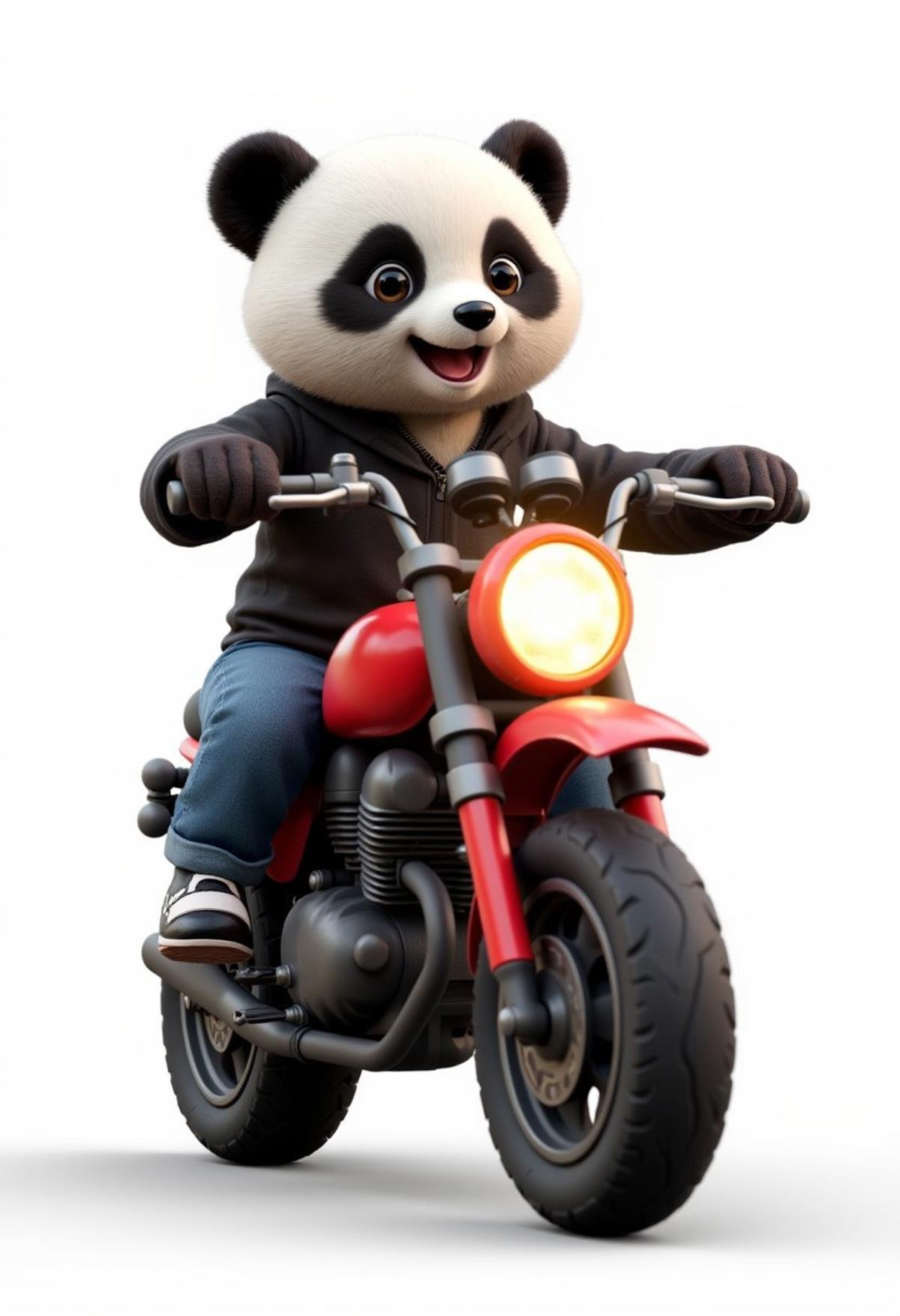 Cute panda person holding AK47, riding motorcycle, white background,3d game character