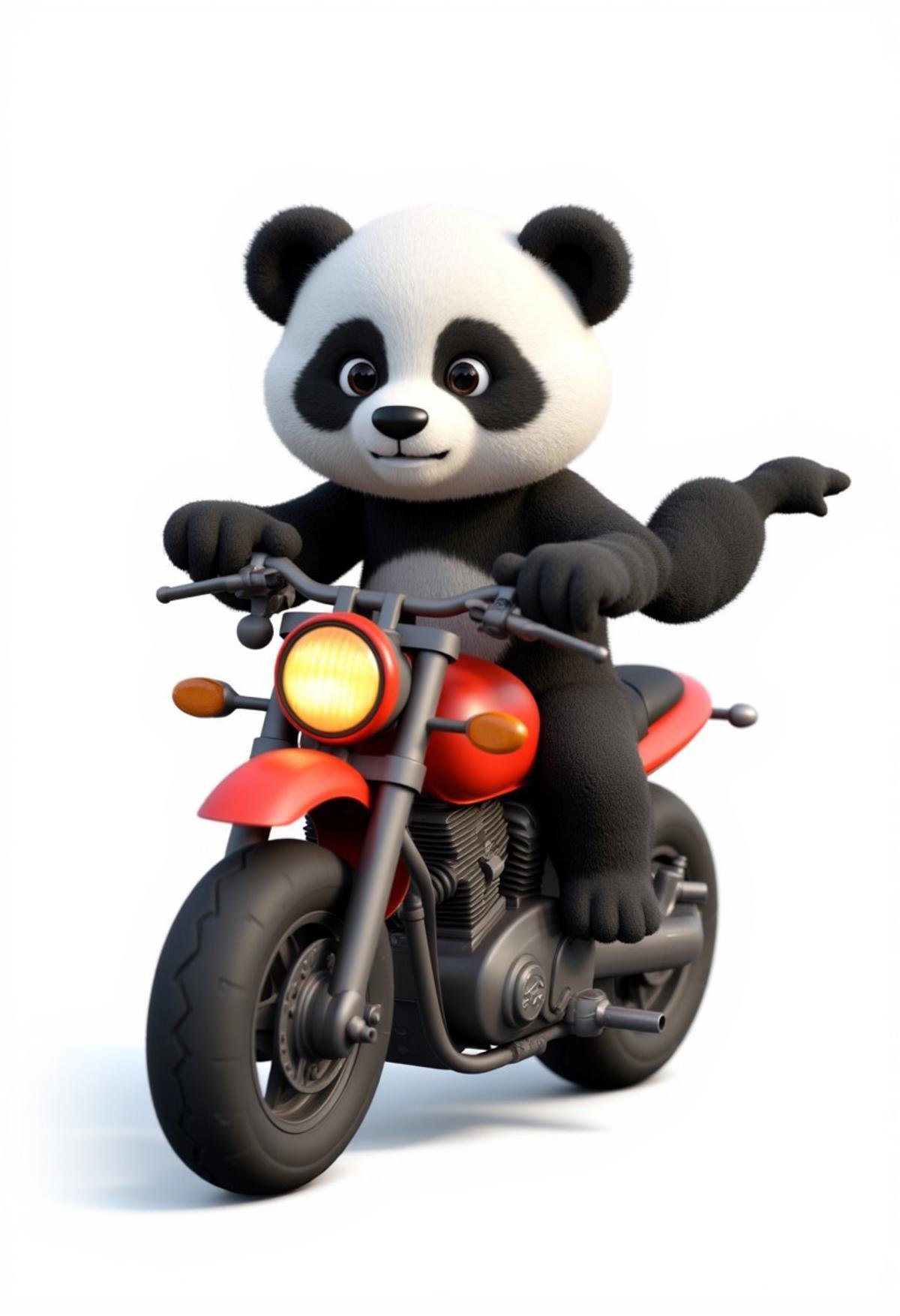 Cute panda person holding AK47, riding motorcycle, white background,3d game character