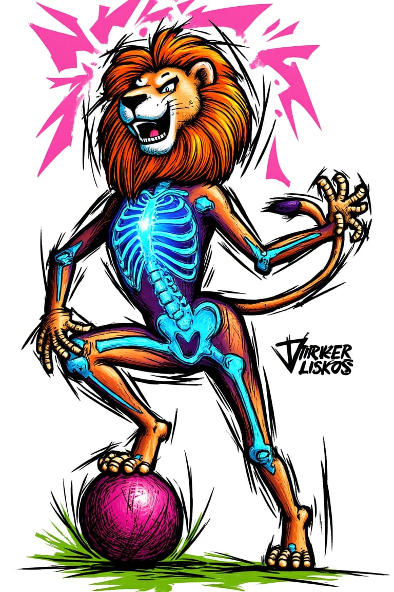 Lion's striking pose: a majestic feline, skeleton evident through transparent skin, kicks a vibrant red ball forward. X-ray ribcage glows bright blue, contrasting with warm orange fur and sunshine yellow grass. Background bursts with STRIKER0S' bold line art, sketch-style illustration. Colourful palette includes pops of green, purple, and pink.