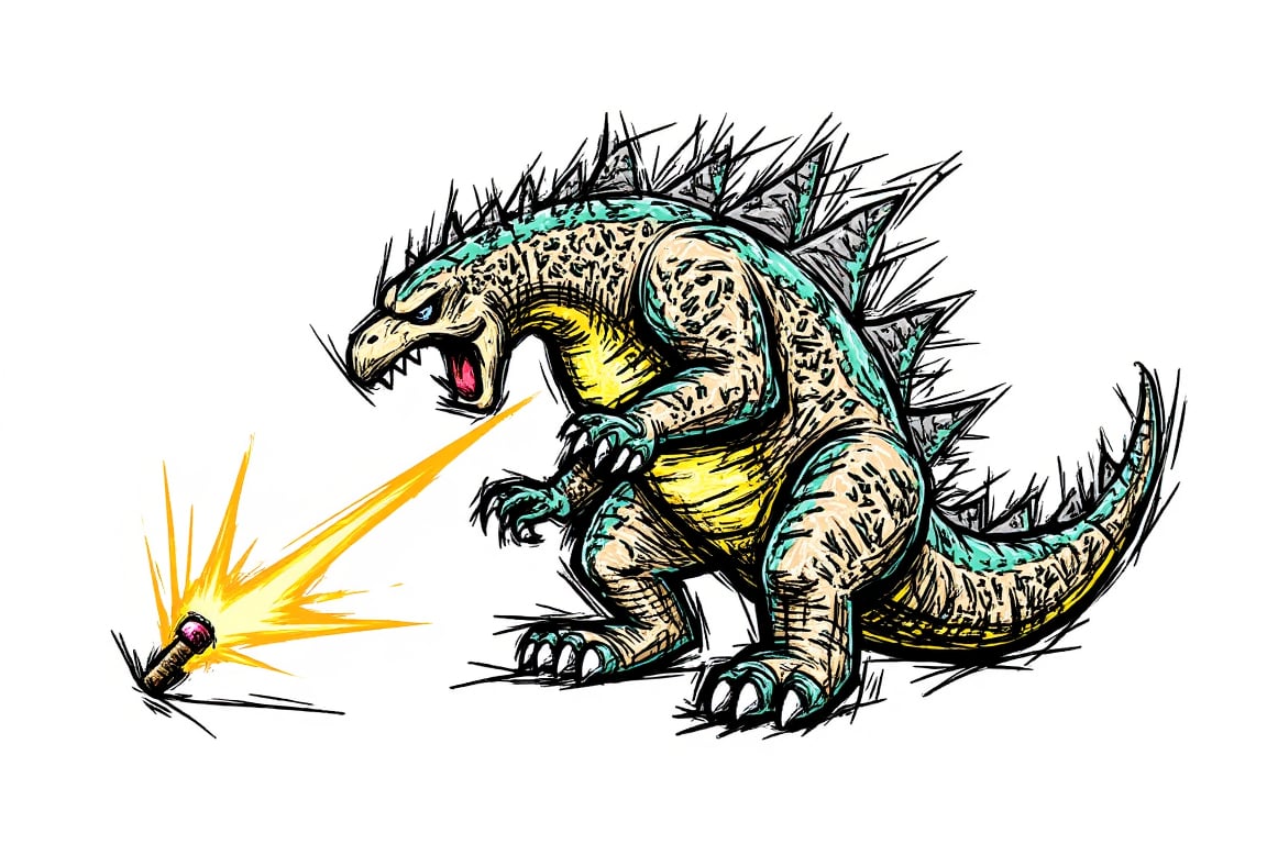 Godzilla, line art, angry, colourful, sketch,  STRIKER0S