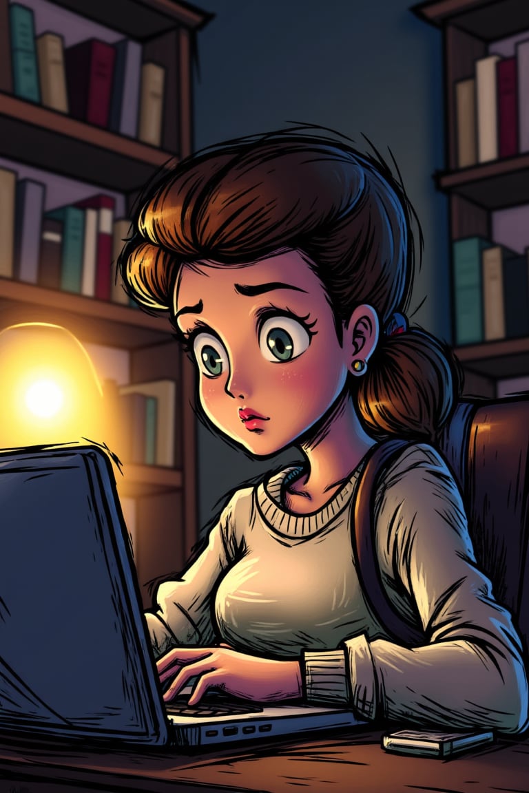 A close-up shot of a woman sitting in a cozy home office, surrounded by books and soft lighting. She's focused intently on her laptop screen, her brow slightly furrowed as she browses through websites or scrolls through social media. Her hair is tied back in a simple ponytail, and she wears a comfortable sweater. The warm glow of the lamp on her desk casts a gentle light on her face, highlighting her thoughtful expression.,STRIKER0S, line art,