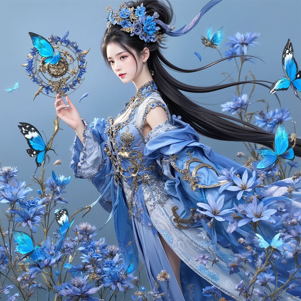 1girl, black hair, butterfly, bug, long hair, hair ornament, hair bun, solo, blue dress, flower,CGgirl