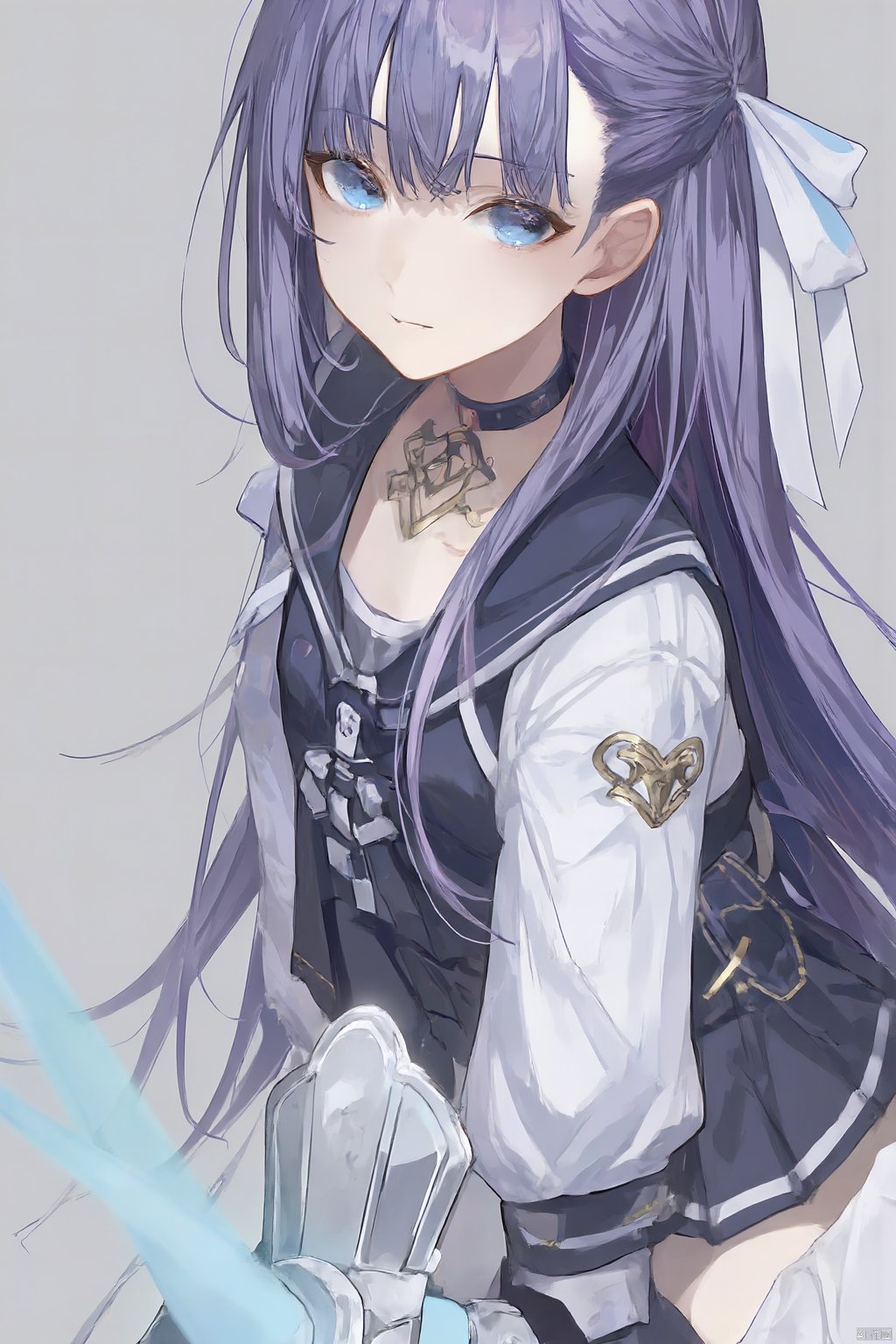 1girl, bangs, blue_eyes, choker, collar, gradient, gradient_background, grey_background, hair_ribbon, long_hair, long_sleeves, looking_at_viewer, meltryllis_\(fate\), parted_lips, boots, purple_hair, ribbon, sailor_collar, school_uniform, serafuku, skirt, sleeves_past_fingers, sleeves_past_wrists, solo, very_long_hair, white_ribbon