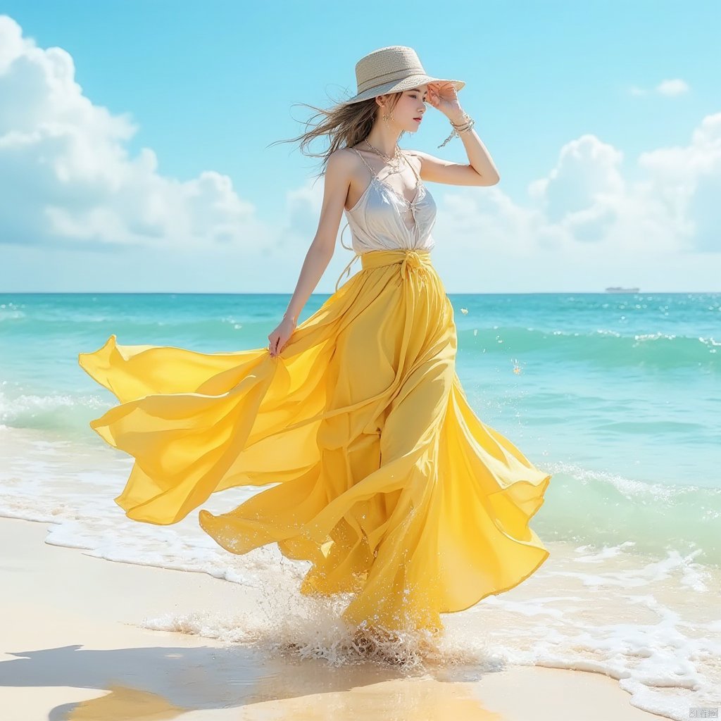 1 girl,yellow long skirt, full figure, enjoying the natural atmosphere at the beach, hot summer, , ,CGgirl,