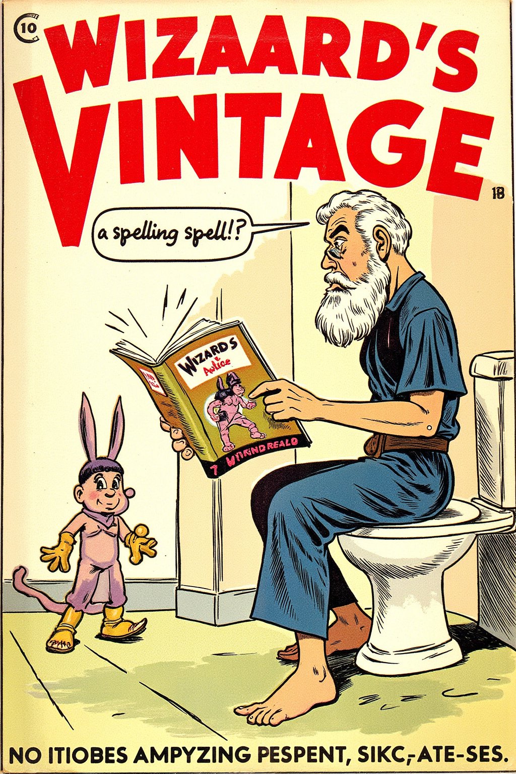 vintage comic book cover with wizard whitebeard using the toilet reading a comic book, A speech bubble next to him reads: "a spelling spell!?", The title "Wizard's Vintage" in red lettering, his pants are pulled down to his ankles