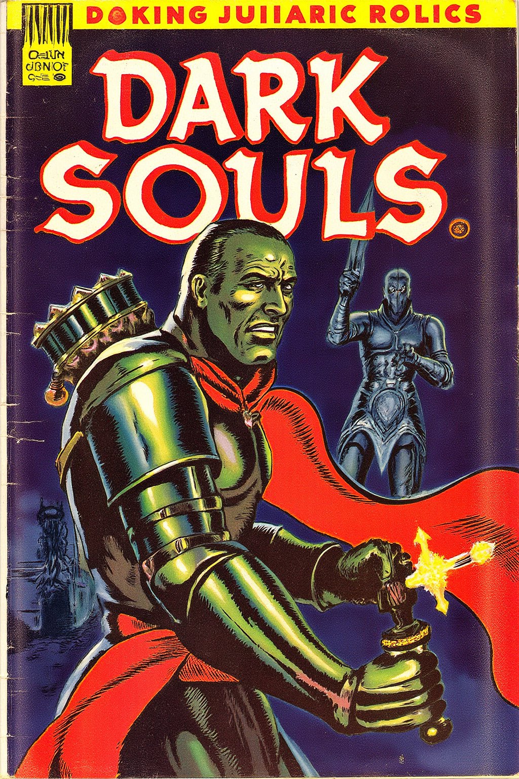 1950s pulp style chivalric vintage comic book cover for "Dark Souls",