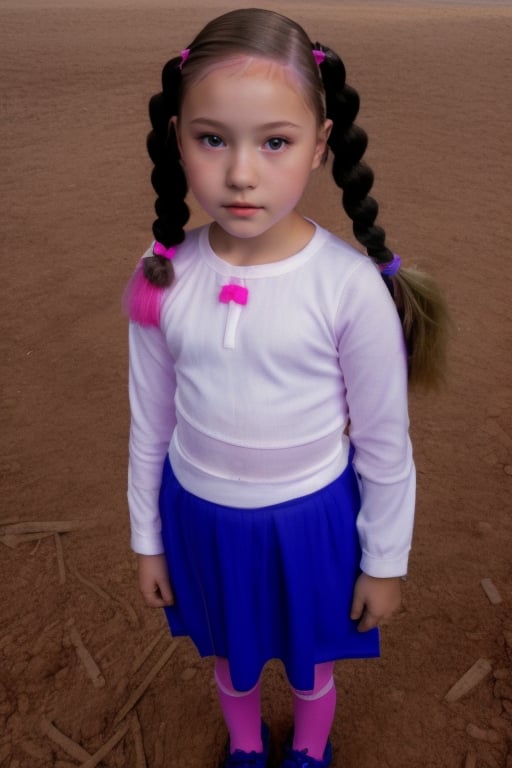 full body image , very scared,little girl, (6 years old), with makeup, with braids ,4NA P4TR1C14