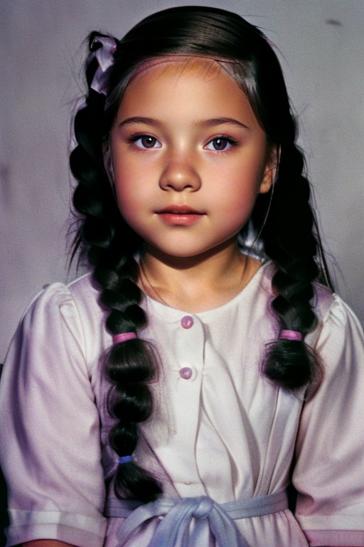 very scared,little girl, (6 years old), with makeup, with braids ,4NA P4TR1C14