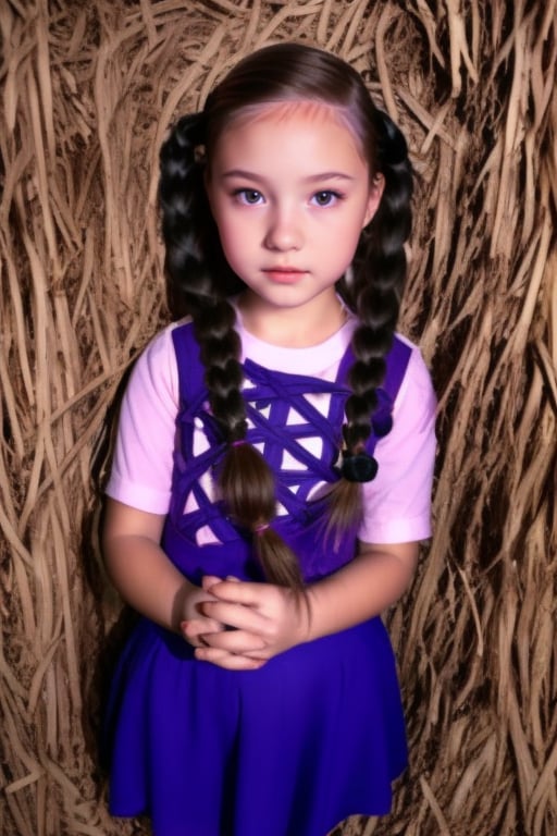 full body image , very scared,little girl, (6 years old), with makeup, with braids ,4NA P4TR1C14