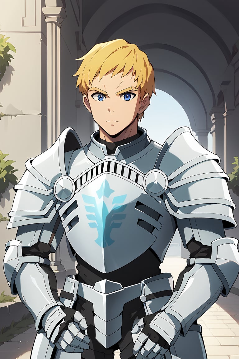 score_8_up, score_7_up, Expressiveh, masterpiece, best quality, best aesthetics, perfect anatomy, perfect proportions, high resolution, good colors, bright skin, good shading, countershading, well detailed background, BREAK, solo, 1boy, focus male, Climb, blonde hair, blue eyes, short hair, armor, breastplate, gauntlets, shoulder armor, pauldrons, armored boots, 
