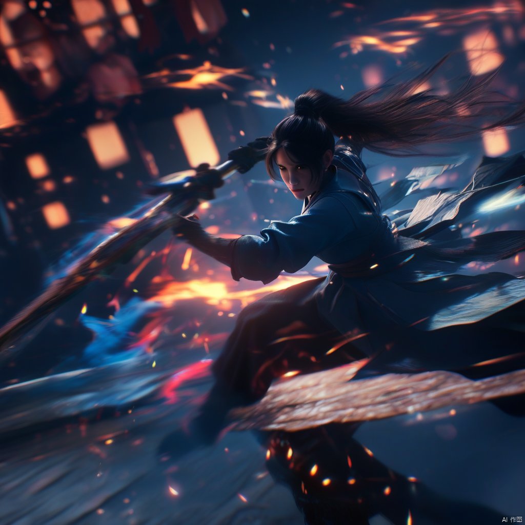 female, solo, realistic movie stills, ancient chinese martial arts style, holding sword, fighting stance, spark, dynamic, flame, war, aura, ponytail, holding, black hair, long hair, blurry, night