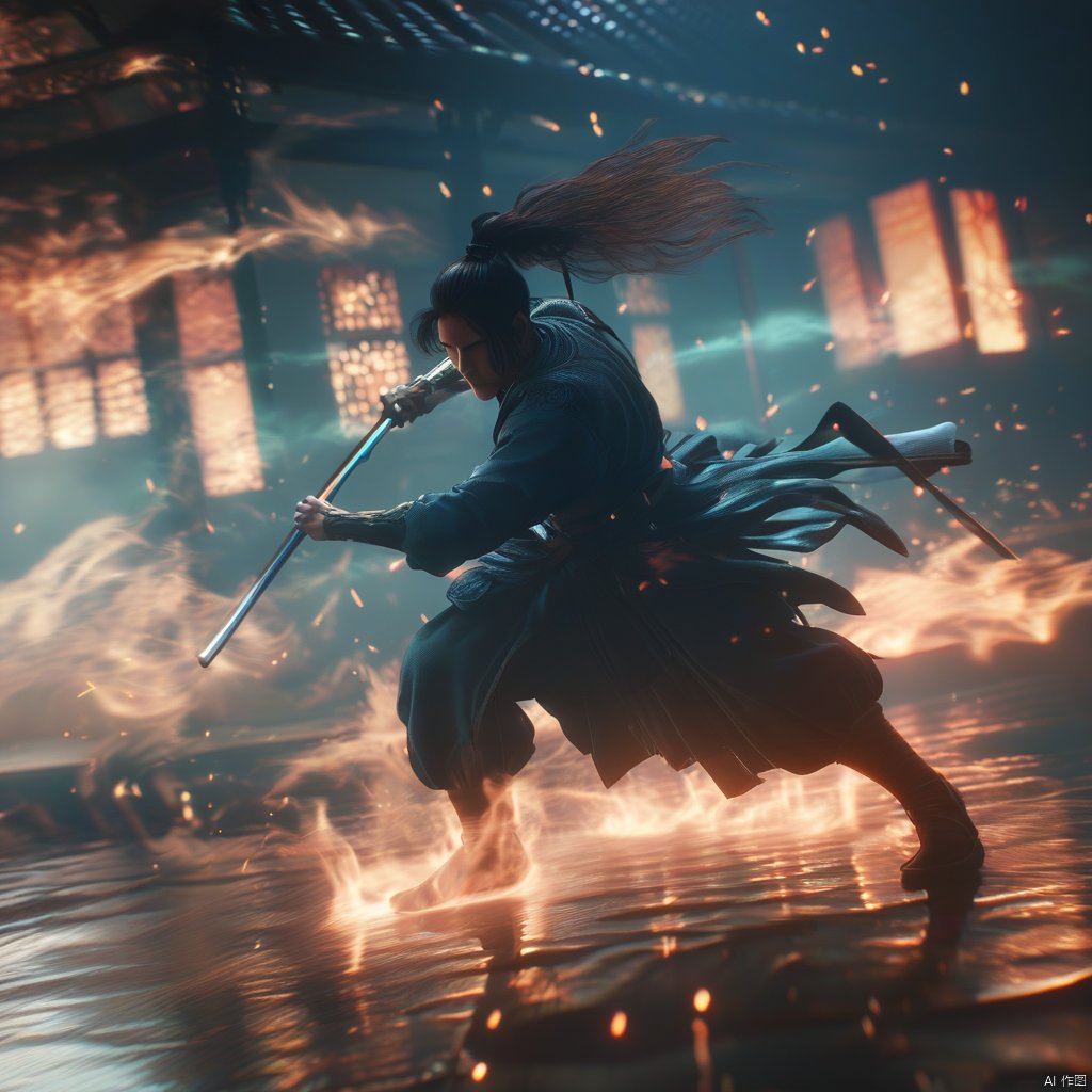 male, aura, realistic movie stills, flame, holding sword, solo, war, ancient chinese martial arts style, dynamic, spark, male focus, japanese clothes, ponytail, east asian architecture