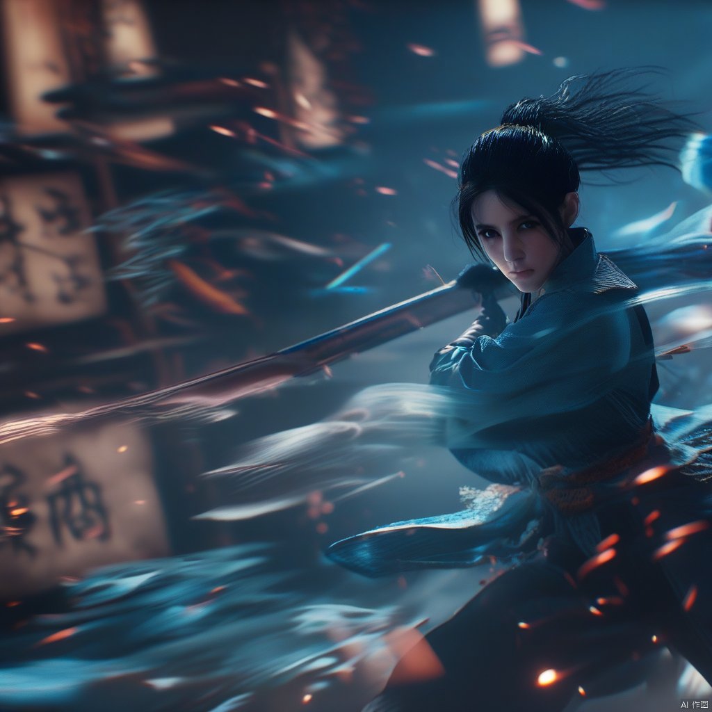 female, solo, realistic movie stills, ancient chinese martial arts style, holding sword, fighting stance, spark, dynamic, flame, war, aura, ponytail, holding, black hair, long hair, blurry, night