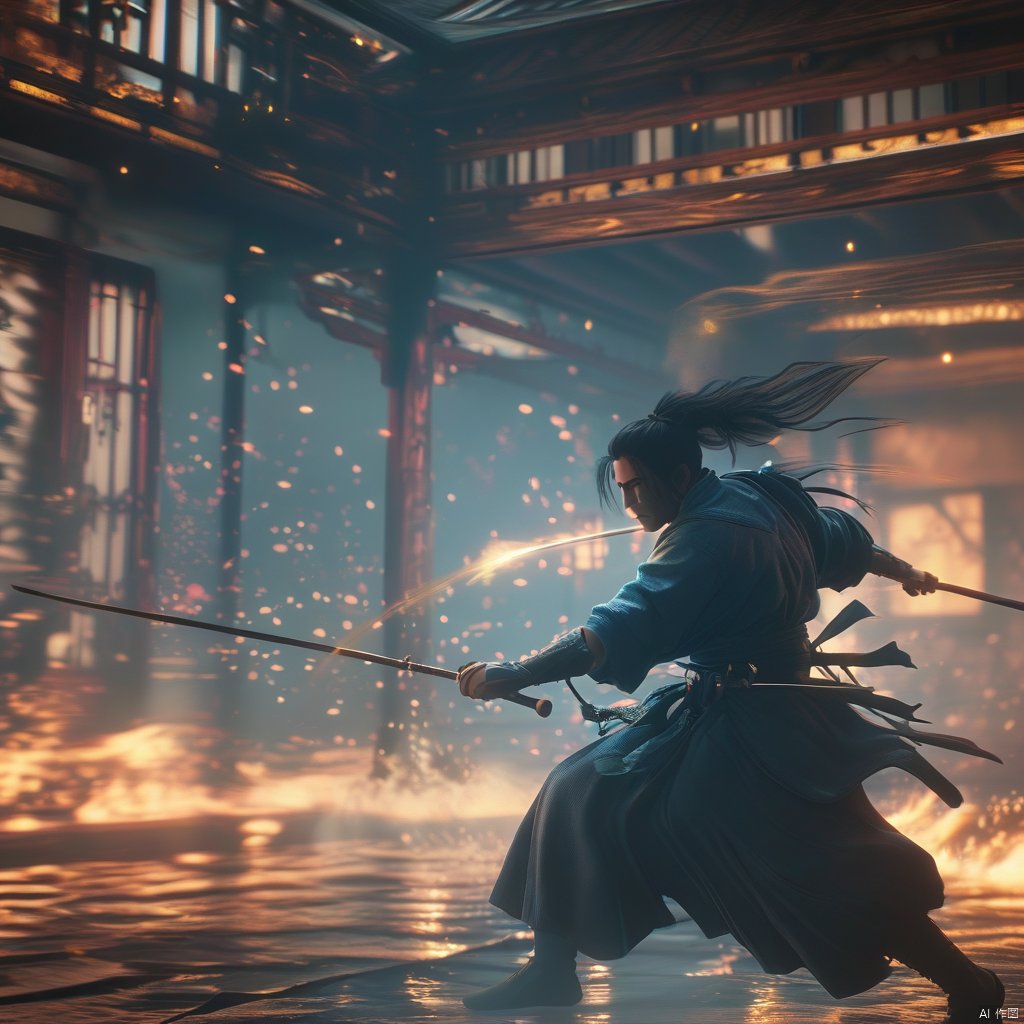 male, aura, realistic movie stills, flame, holding sword, solo, war, ancient chinese martial arts style, dynamic, spark, male focus, japanese clothes, ponytail, east asian architecture