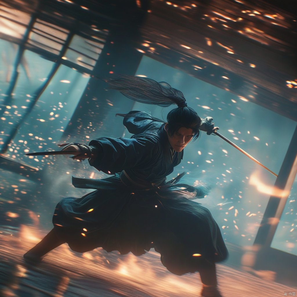 male, aura, realistic movie stills, flame, holding sword, solo, war, ancient chinese martial arts style, dynamic, spark, male focus, japanese clothes, ponytail, east asian architecture