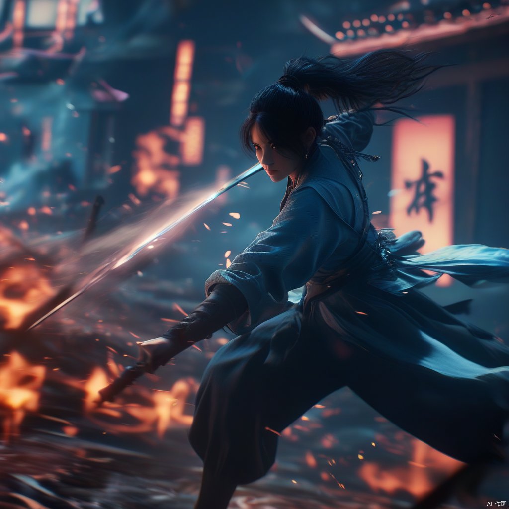 female, solo, realistic movie stills, ancient chinese martial arts style, holding sword, fighting stance, spark, dynamic, flame, war, aura, ponytail, holding, black hair, long hair, blurry, night