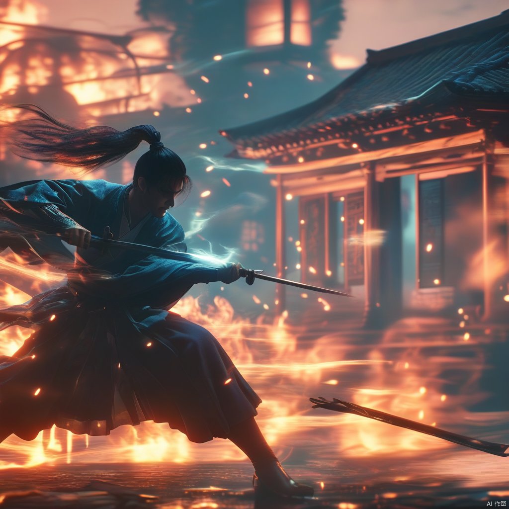 male, aura, realistic movie stills, flame, holding sword, war, ancient chinese martial arts style, dynamic, spark, solo, male focus, long hair, black hair, ponytail, fire, east asian architecture