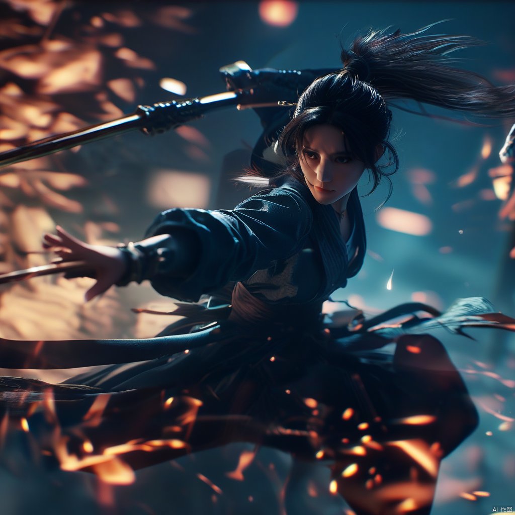 female, solo, realistic movie stills, ancient chinese martial arts style, holding sword, fighting stance, spark, dynamic, flame, war, aura, ponytail, holding, black hair, long hair, blurry, night