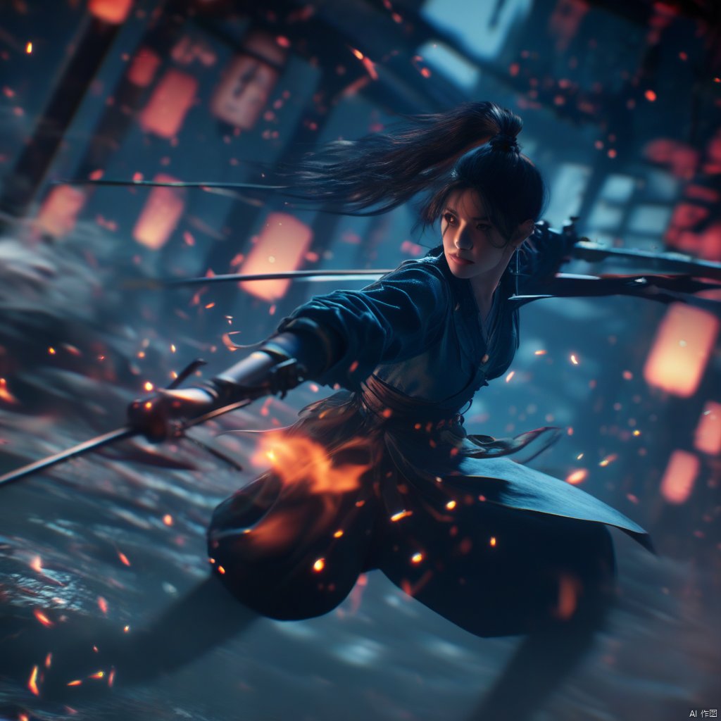 female, solo, realistic movie stills, ancient chinese martial arts style, holding sword, fighting stance, spark, dynamic, flame, war, aura, ponytail, holding, black hair, long hair, blurry, night