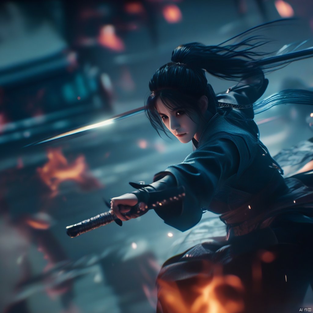 female, solo, realistic movie stills, ancient chinese martial arts style, holding sword, fighting stance, spark, dynamic, flame, war, aura, ponytail, holding, black hair, long hair, blurry, night