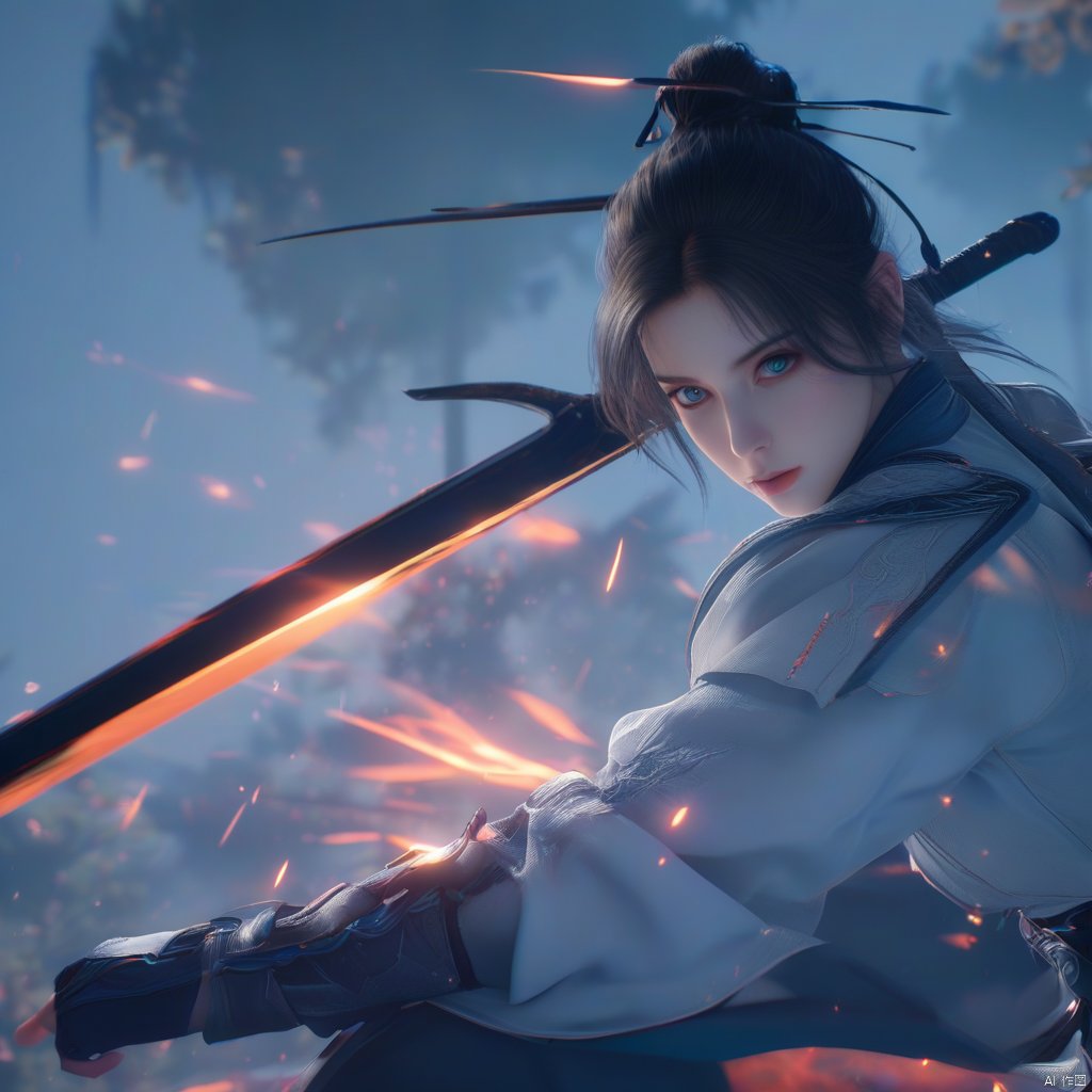 holding light-sword, 1girl, solo, particle effects, spark, holding ice-sword, weapon, sword, holding sword, black hair, hair bun, holding, holding weapon, blue eyes, single hair bun, looking at viewer