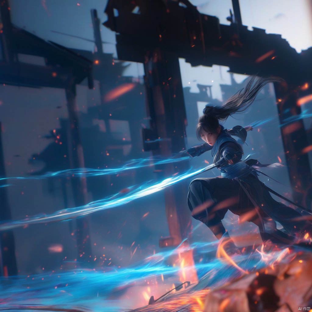 holding light-sword, 1girl, solo, particle effects, spark, holding ice-sword, weapon, sword, holding sword, black hair, hair bun, holding, holding weapon, blue eyes, single hair bun, looking at viewer