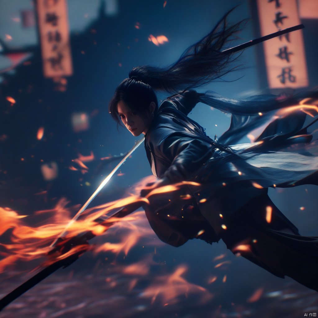 female, solo, realistic movie stills, ancient chinese martial arts style, holding sword, fighting stance, spark, dynamic, flame, war, aura, ponytail, holding, black hair, long hair, blurry, night