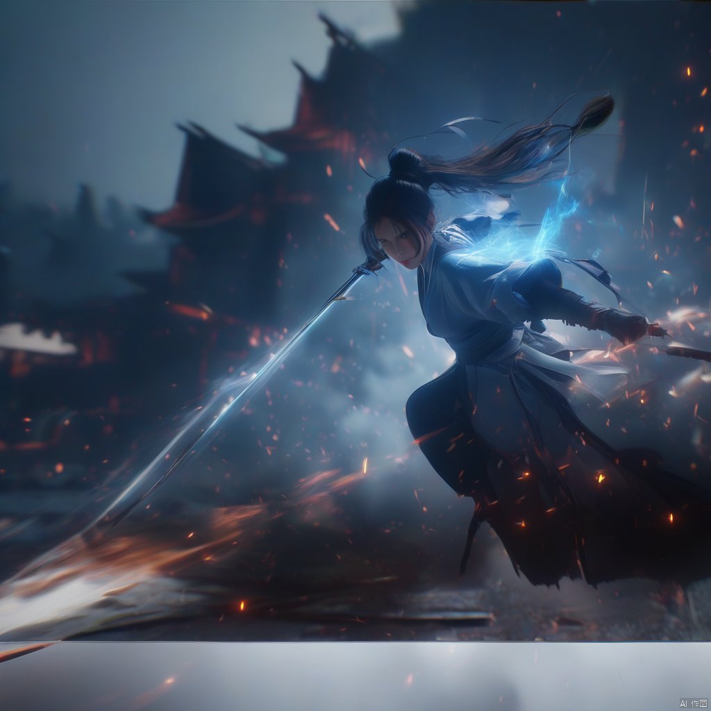 holding light-sword, 1girl, solo, particle effects, spark, holding ice-sword, weapon, sword, holding sword, black hair, hair bun, holding, holding weapon, blue eyes, single hair bun, looking at viewer