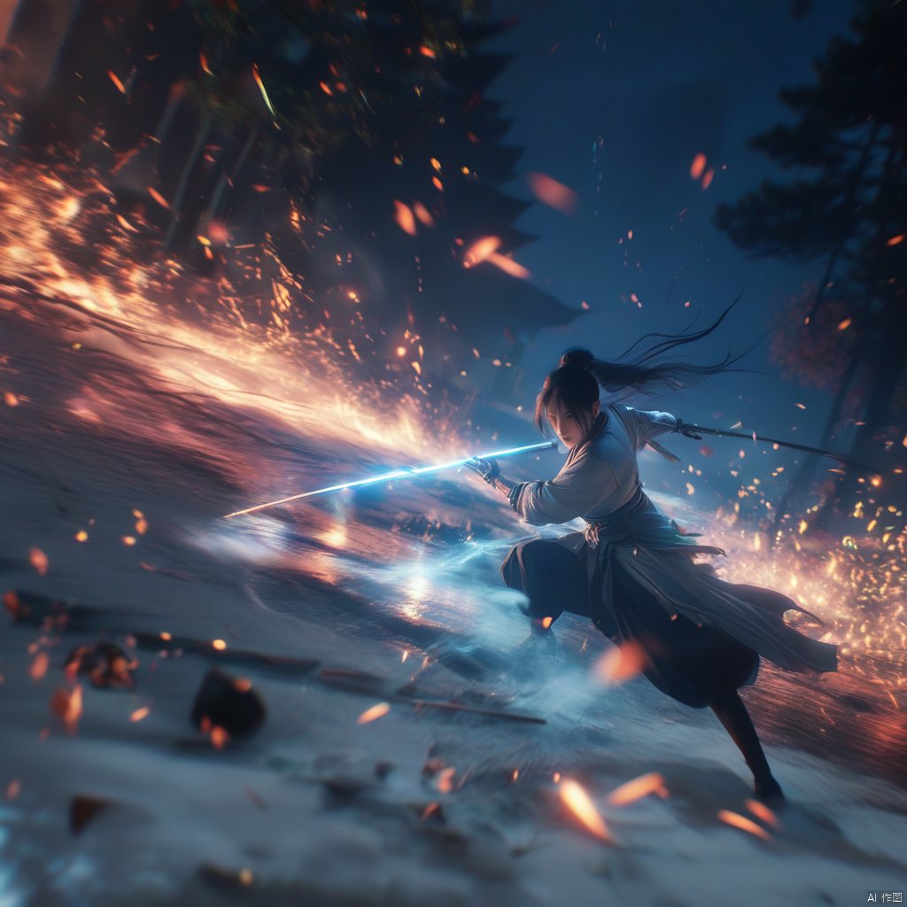 holding light-sword, 1girl, solo, particle effects, spark, holding ice-sword, weapon, sword, holding sword, black hair, hair bun, holding, holding weapon, blue eyes, single hair bun, looking at viewer